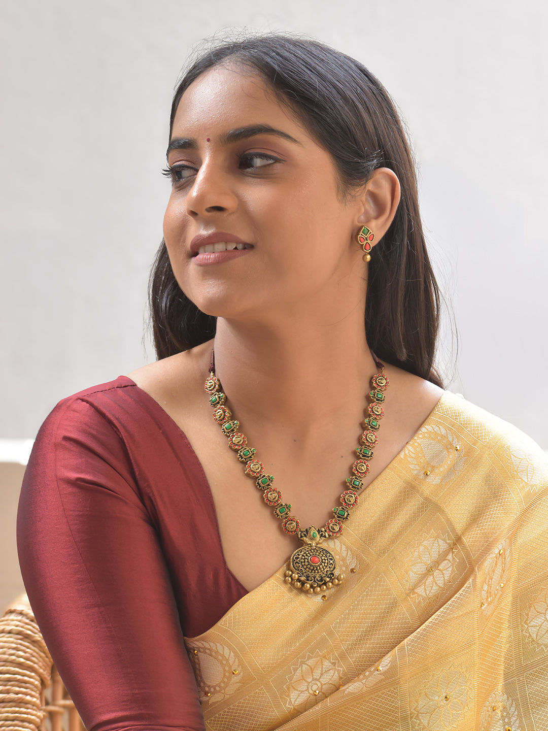 Padmika Terracotta Floral Temple Necklace Set With Studs