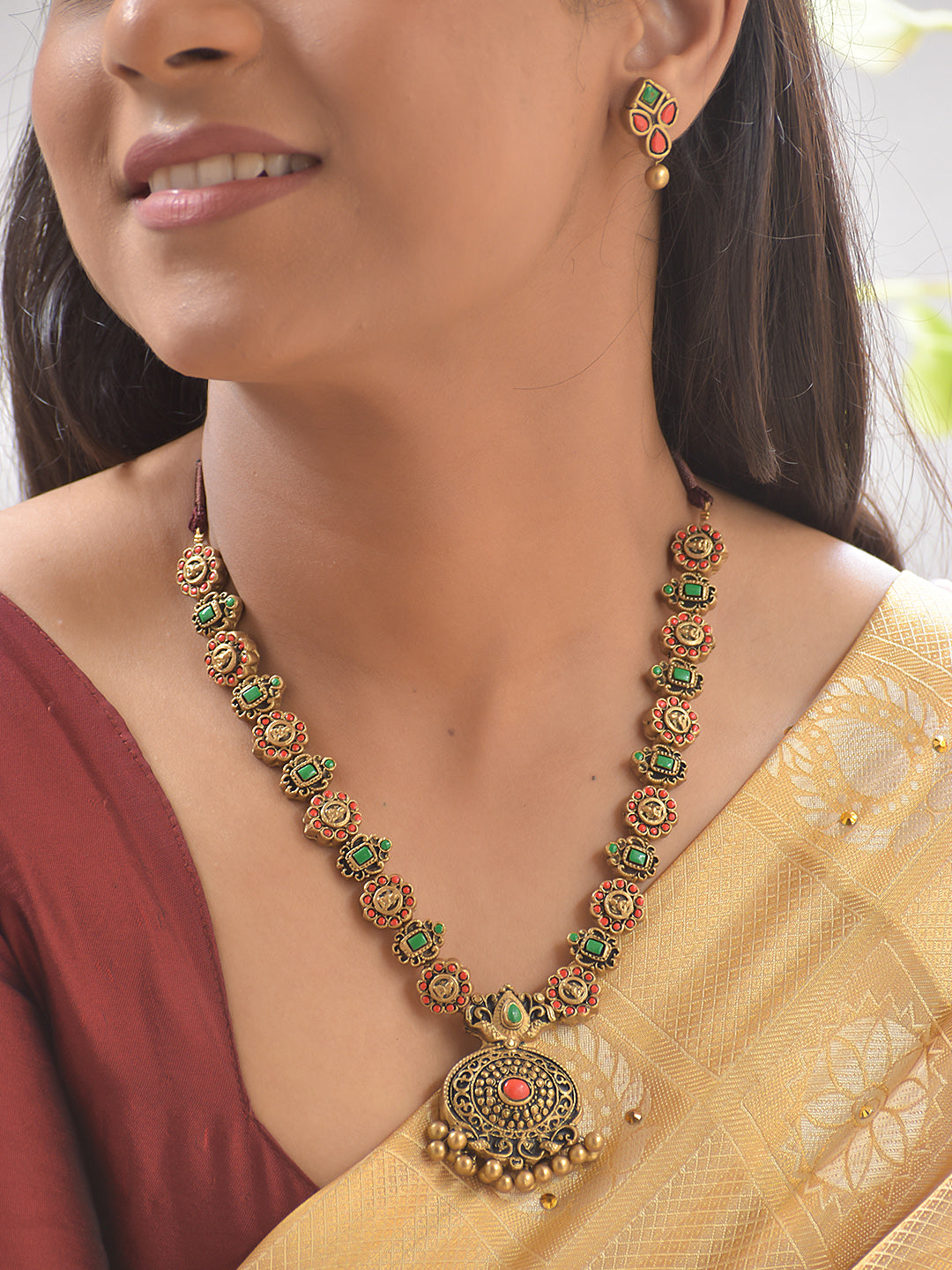 Padmika Terracotta Floral Temple Necklace Set With Studs