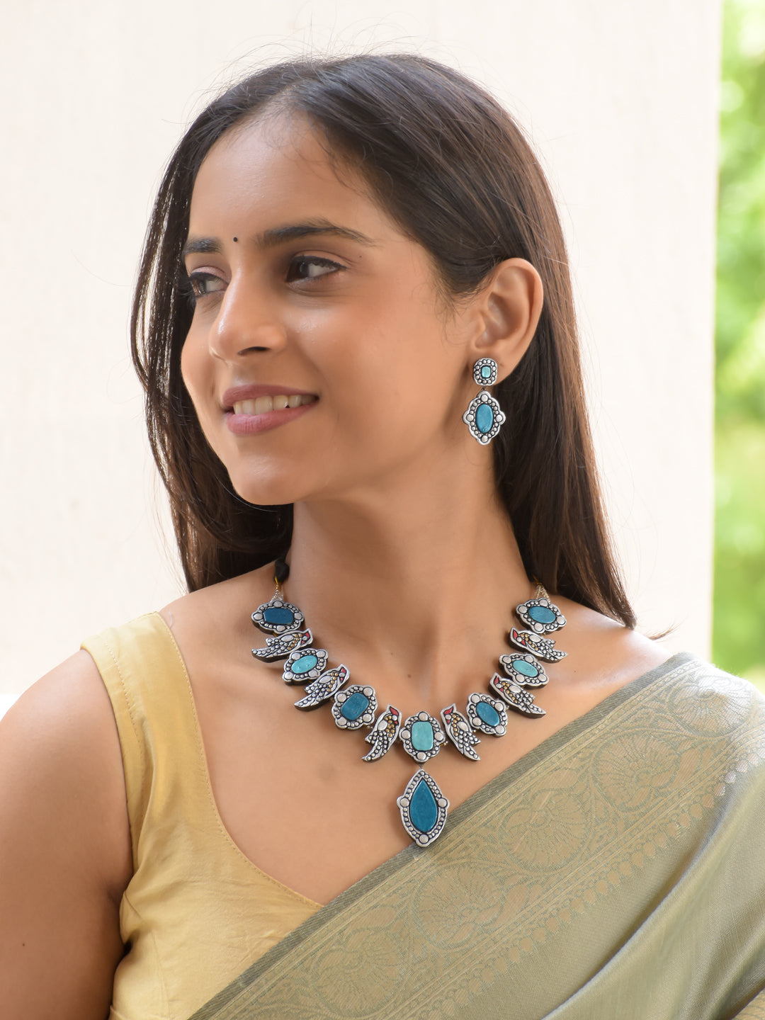 Silver & Turquoise Bird Motif Necklace Set