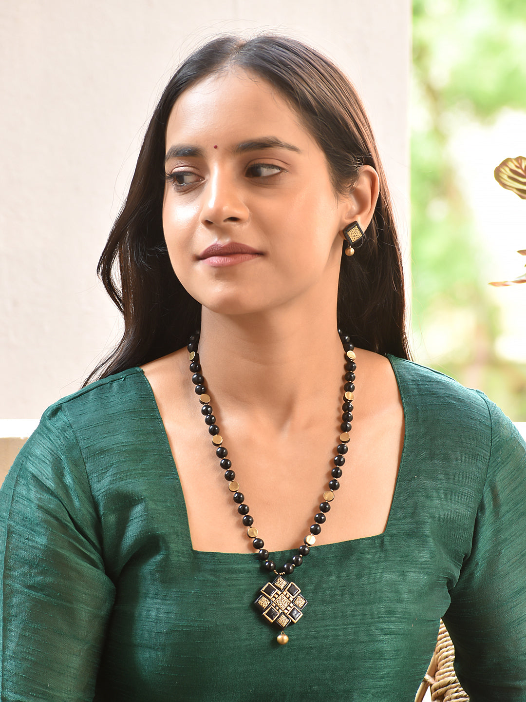 Shyamala — Black Beaded Necklace with Geometric Pendant