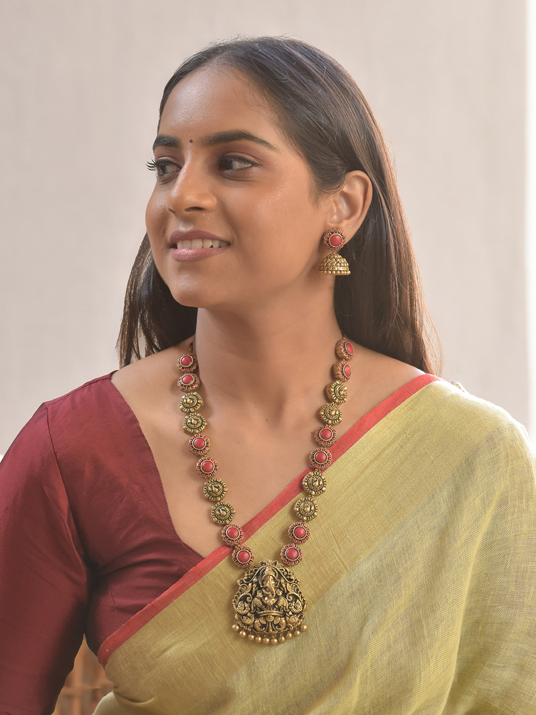 Lord Ganesha Terracotta Temple Necklace Set With Jhumkas