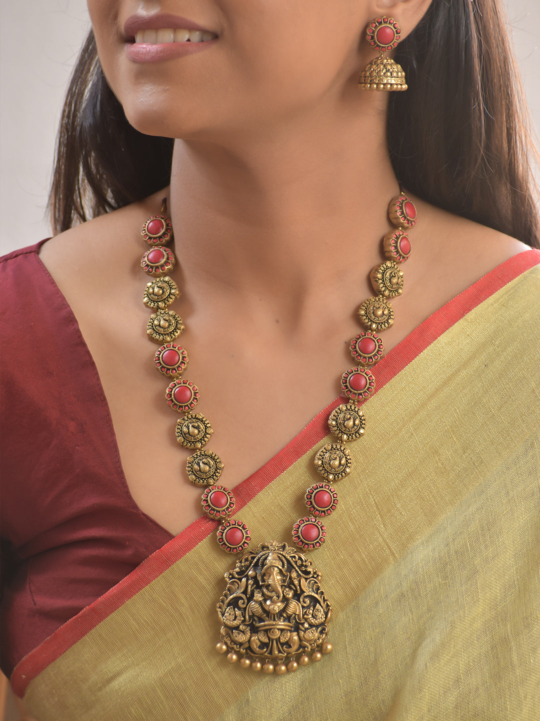 Lord Ganesha Terracotta Temple Necklace Set With Jhumkas