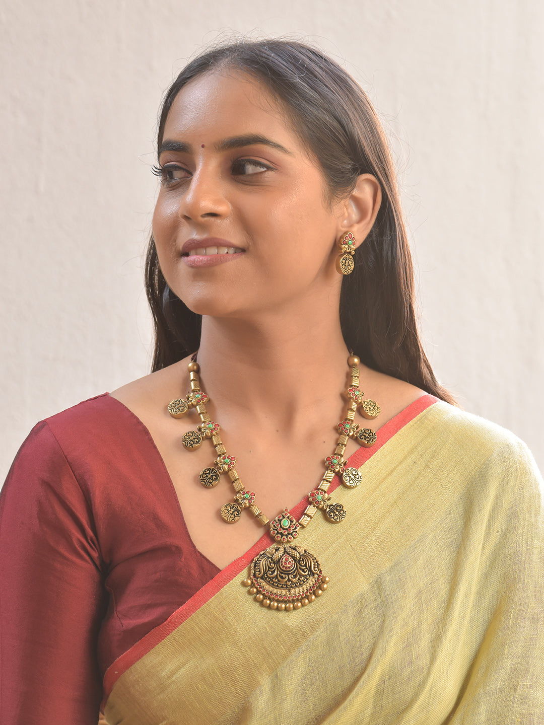Pratibha Terracotta Peacock Temple Charm Necklace Set With Studs