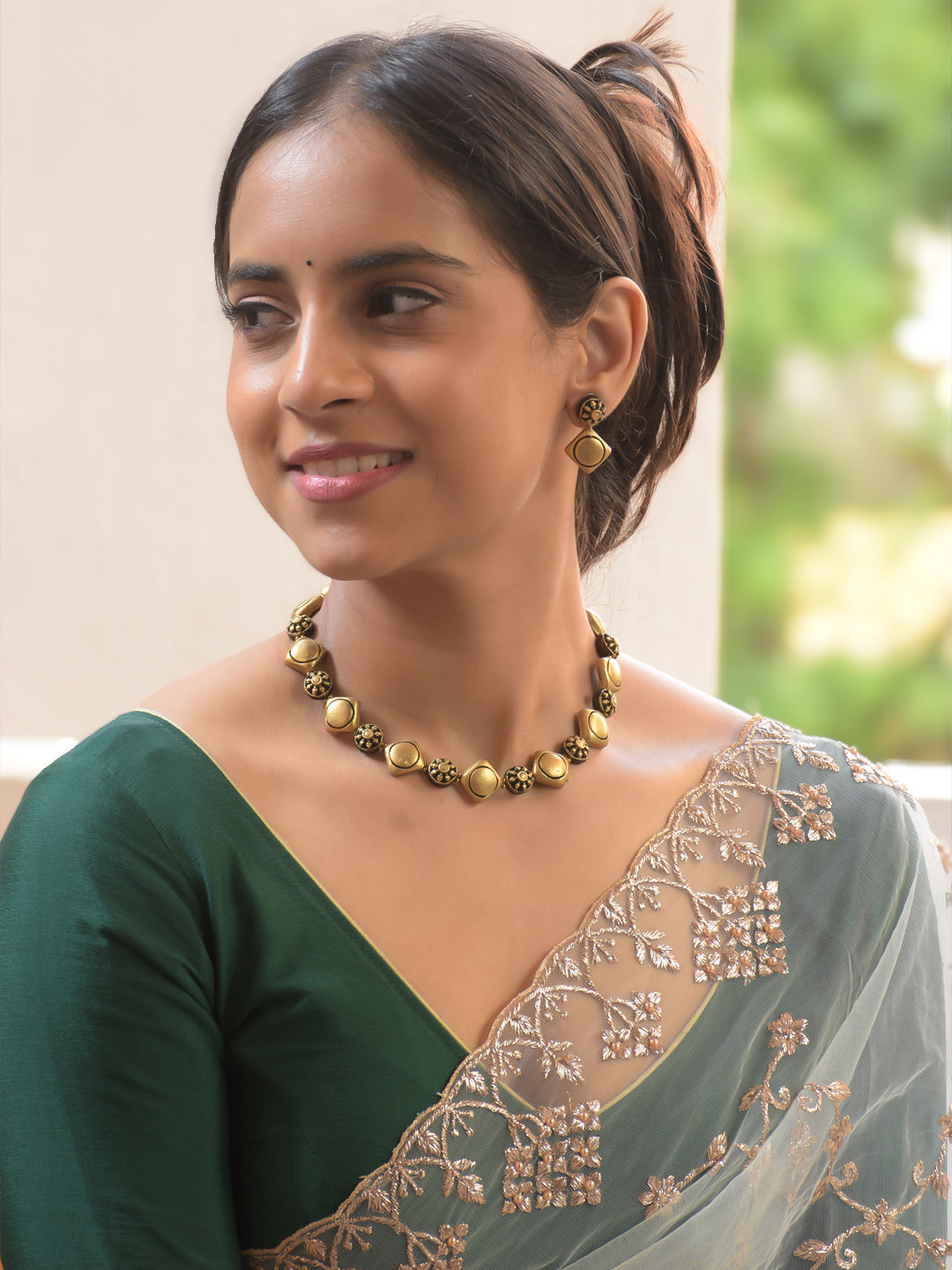 Antique Gold Geometric Bead Choker Necklace Set