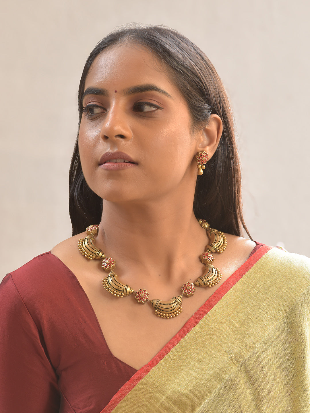 Sampriti Terracotta Crescent Bloom Necklace Set With Studs