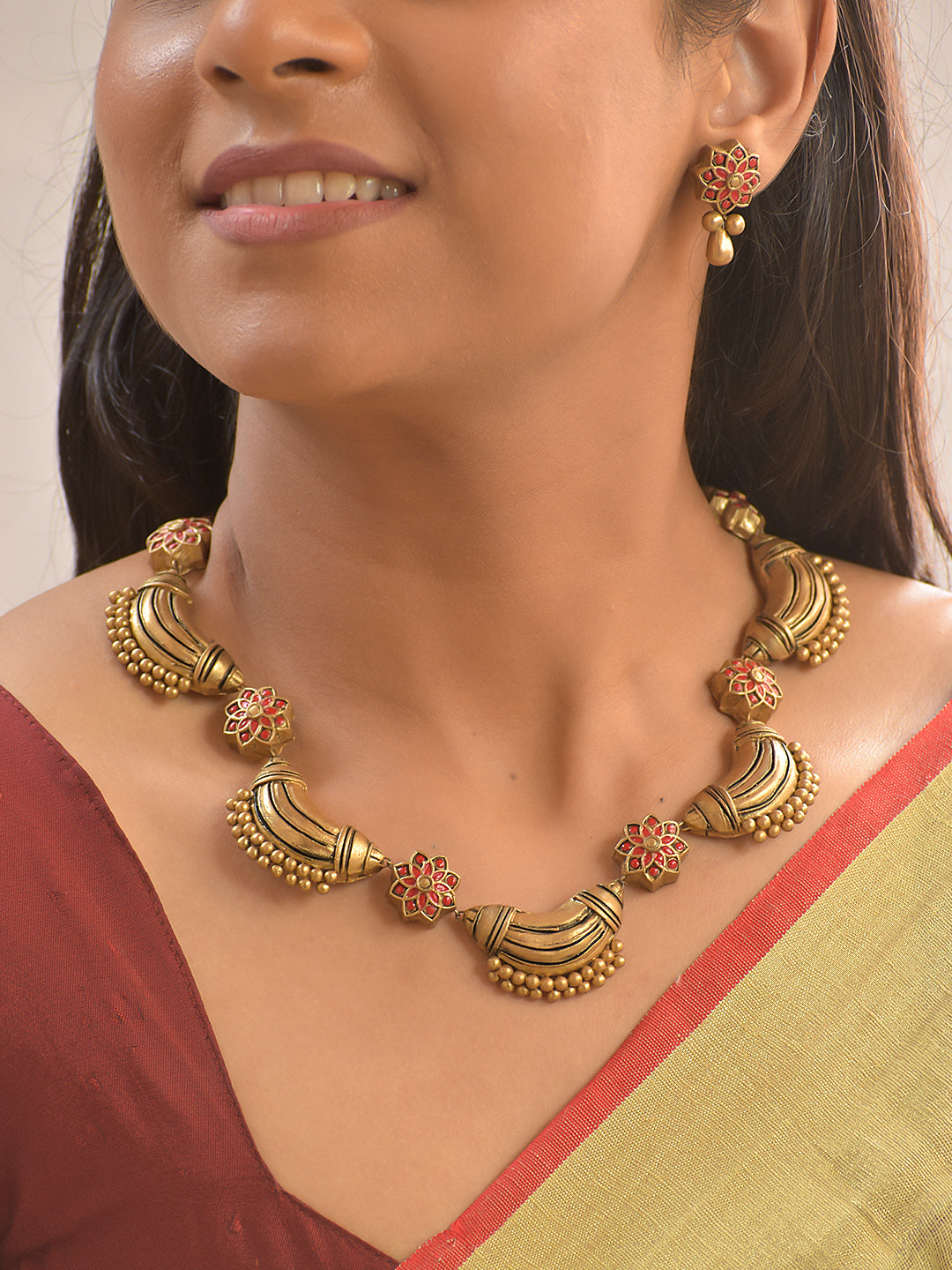 Sampriti Terracotta Crescent Bloom Necklace Set With Studs