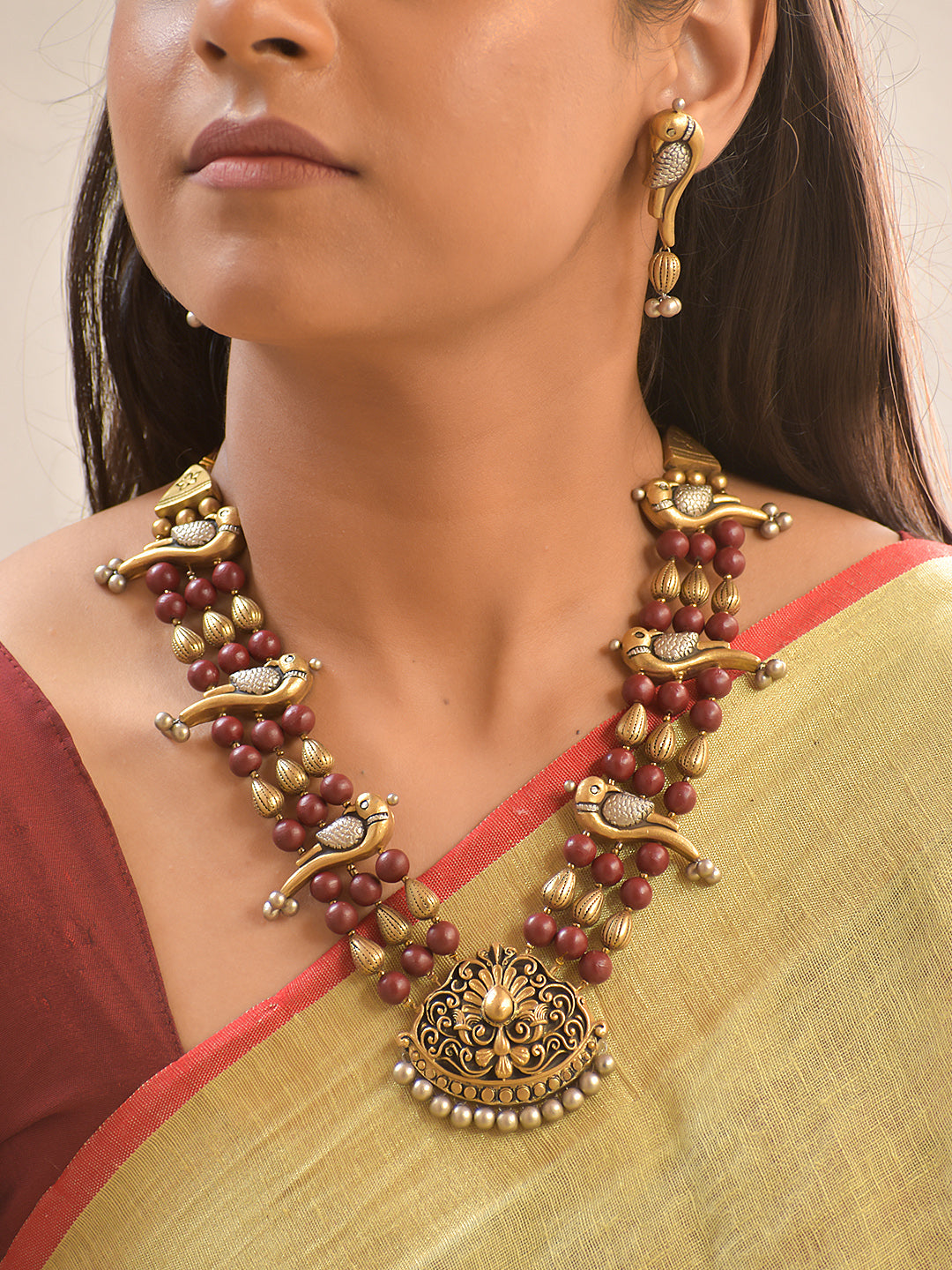 Terracotta Parrot Floral Necklace Set With Studs