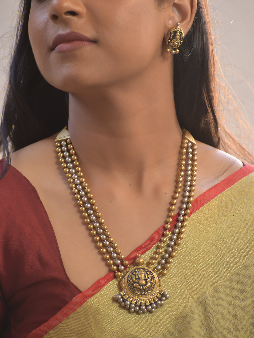 Lord Ganesha Design Terracotta Beaded Necklace Set With Studs