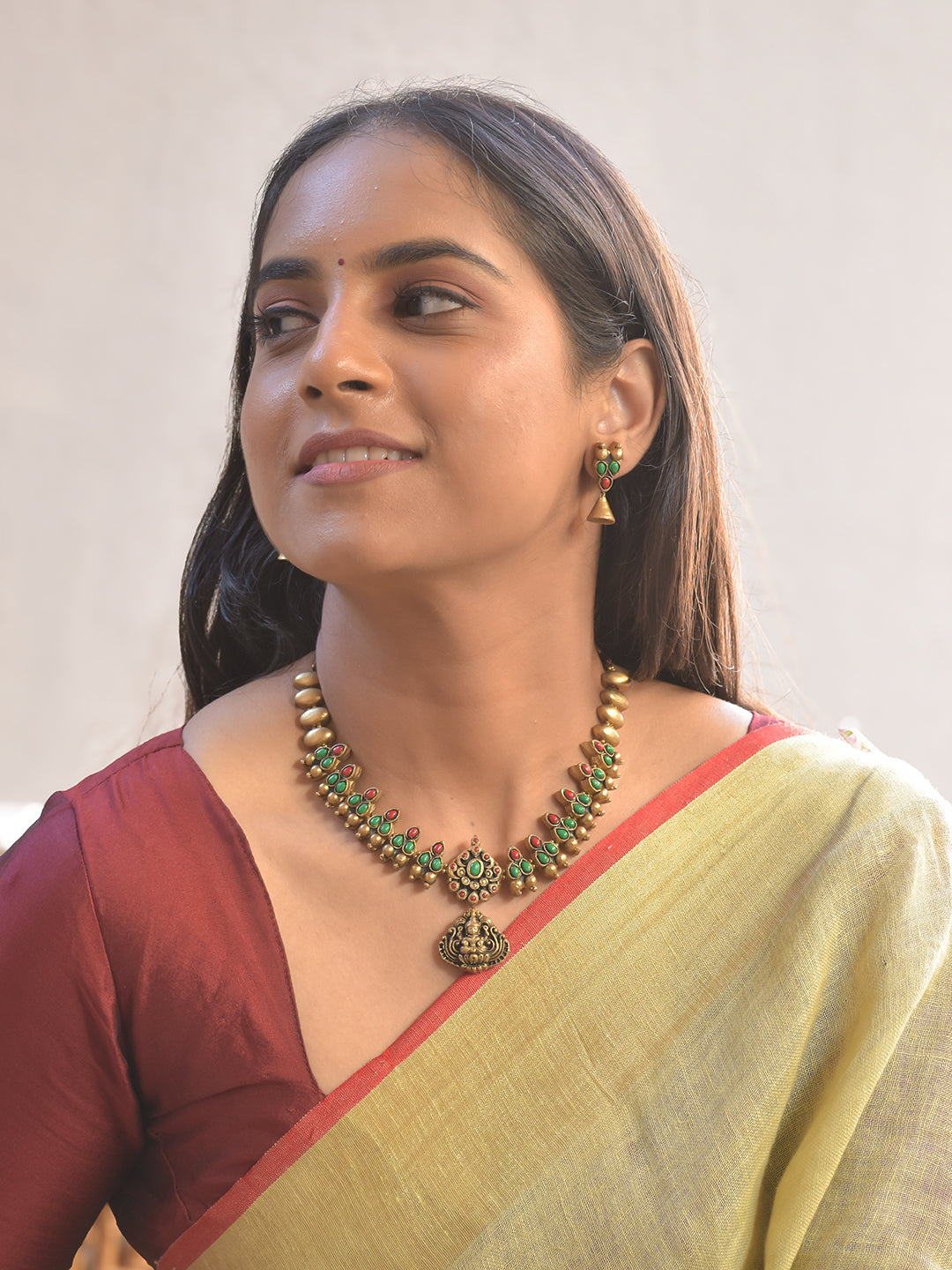 Lakshmi Pendant Floral Bloom Terracotta Temple Necklace Set With Jhumkas