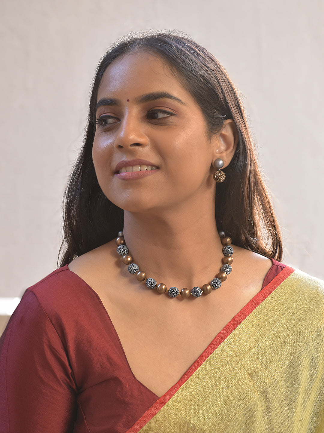 Terracotta Lava Beads Metallic Color Short Necklace Set With Jhumkas