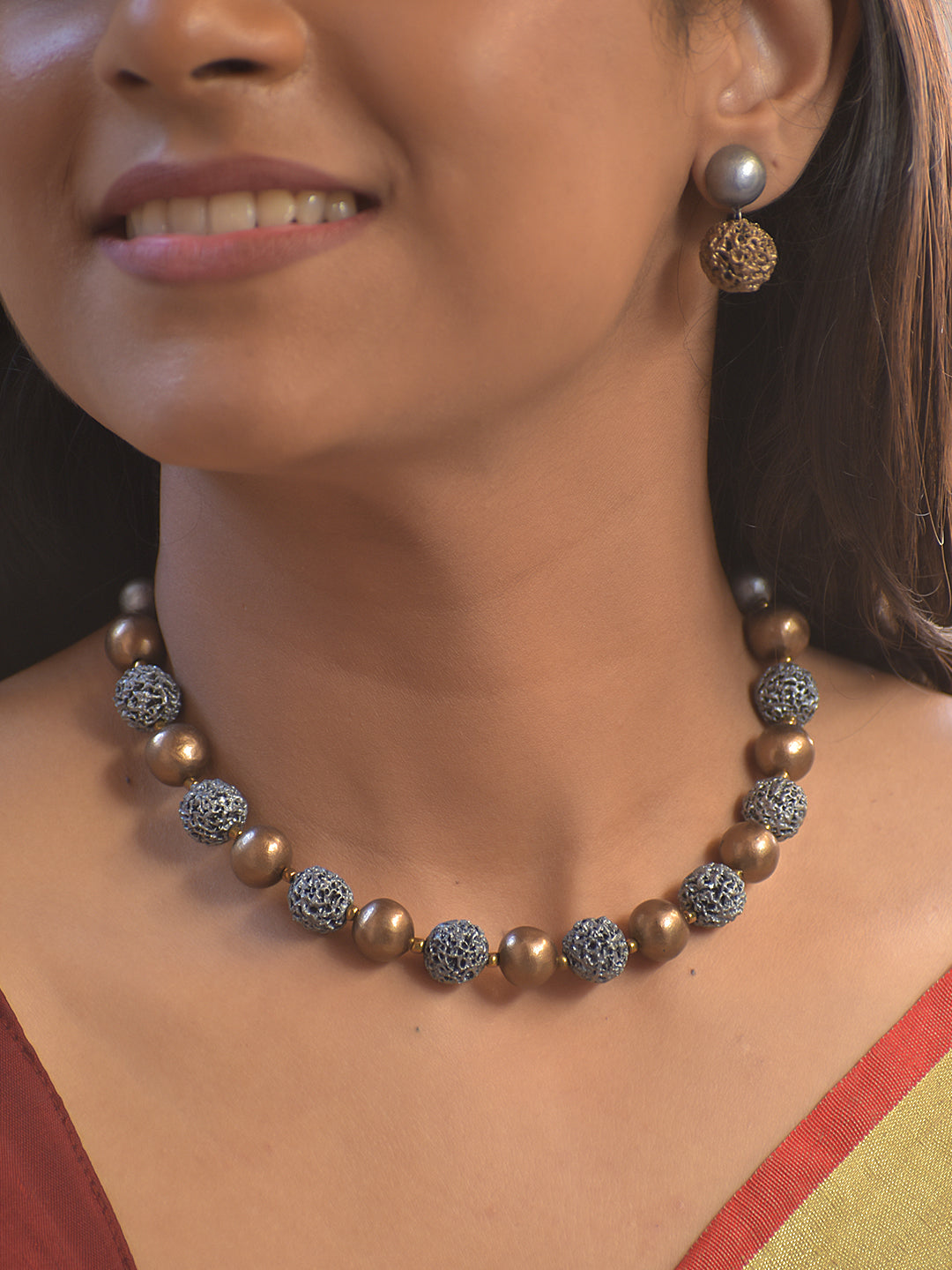 Terracotta Lava Beads Metallic Color Short Necklace Set With Jhumkas