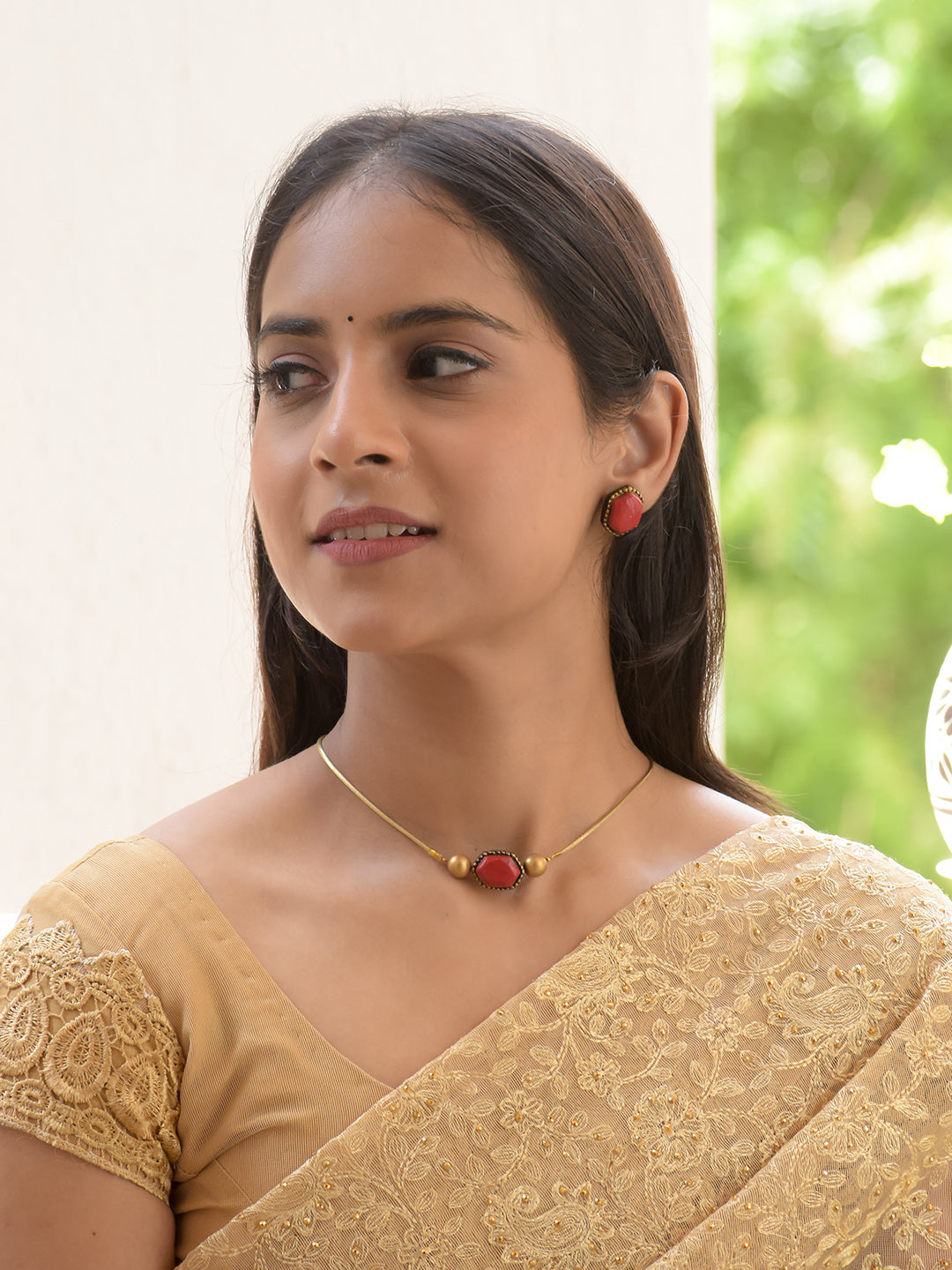 Minimal Coral Red Stone Pendant Necklace Set