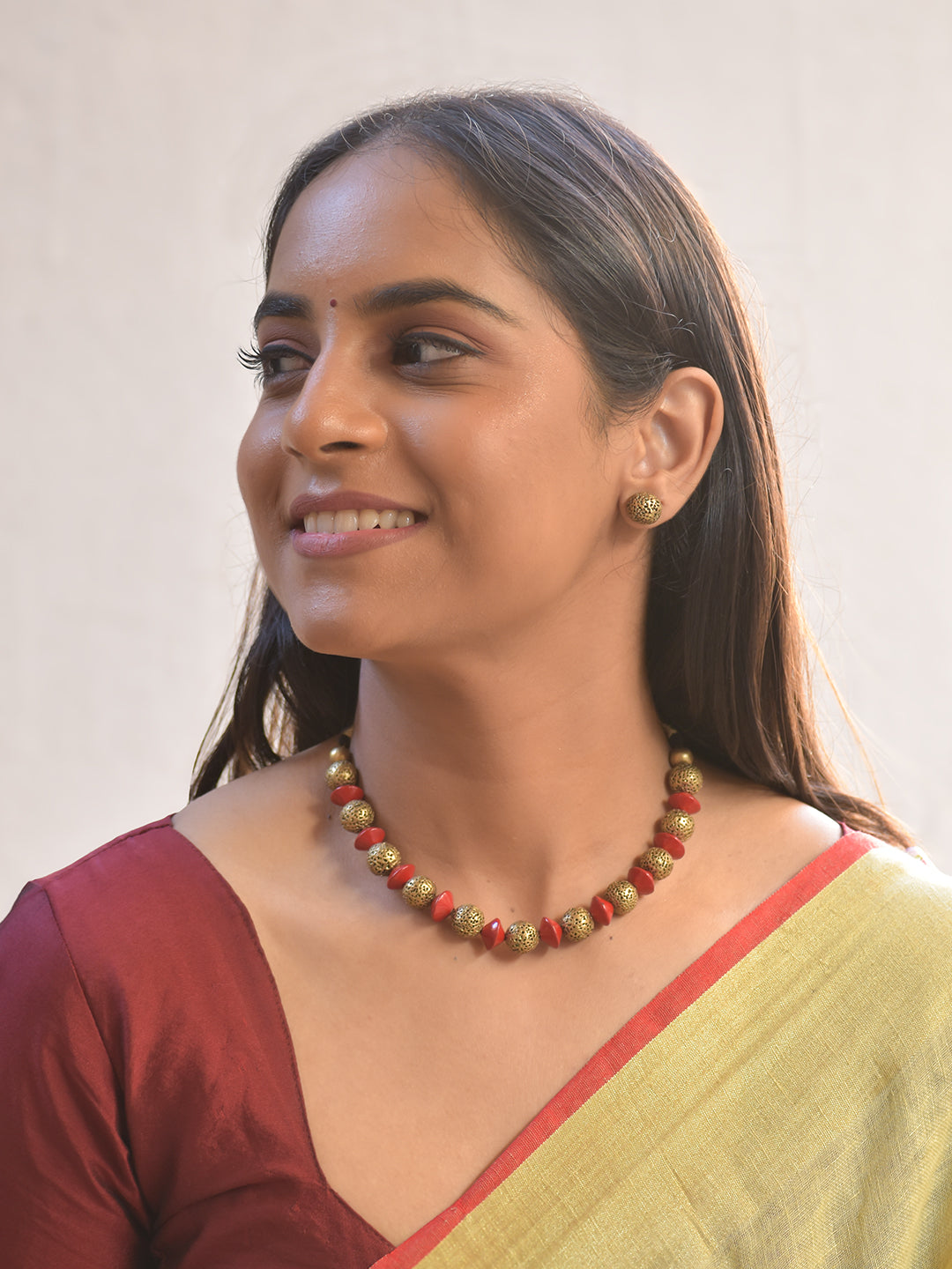 Terracotta Lava Beads Red & Antique Gold Necklace Set With Jhumkas