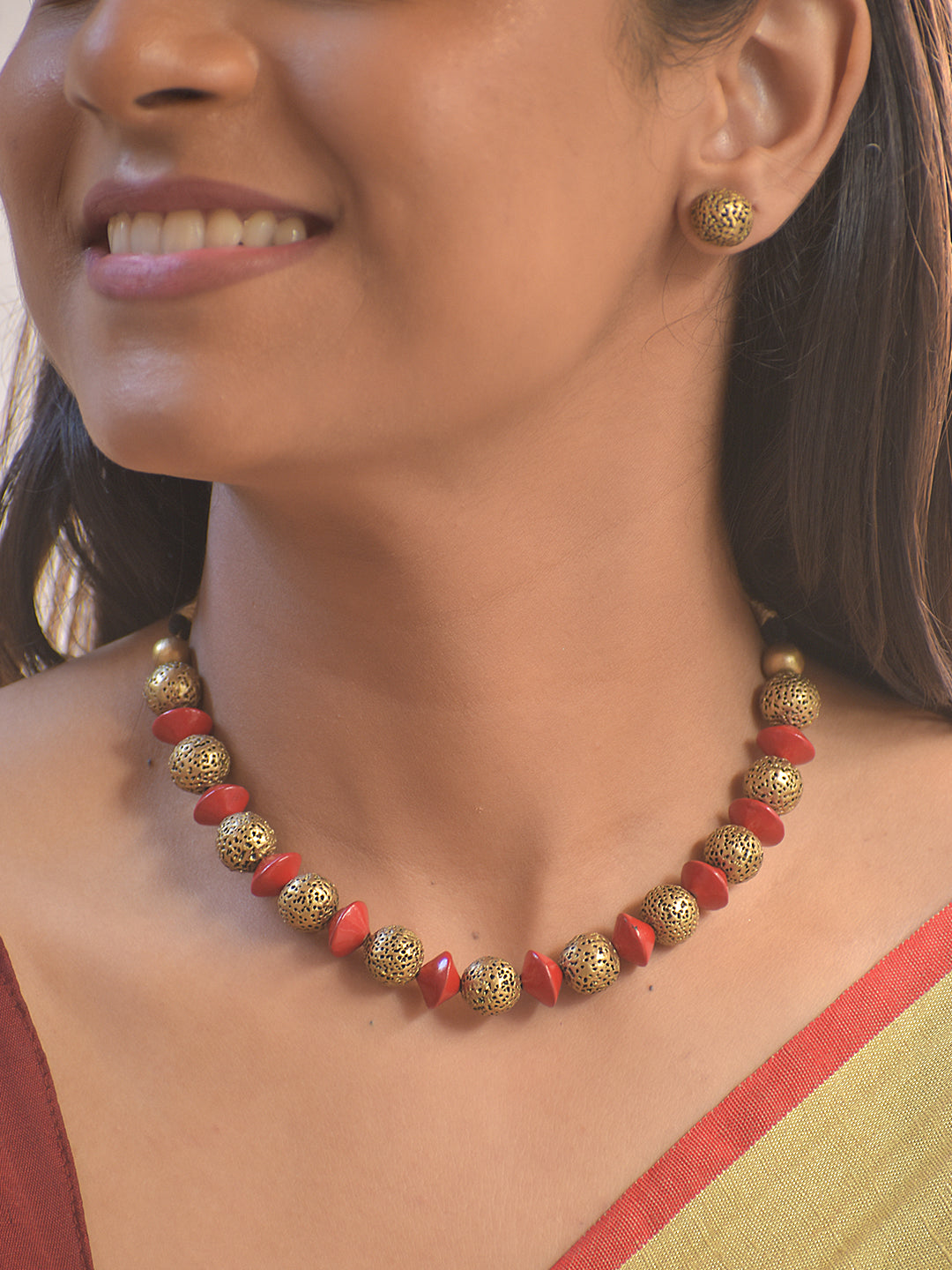 Terracotta Lava Beads Red & Antique Gold Necklace Set With Jhumkas