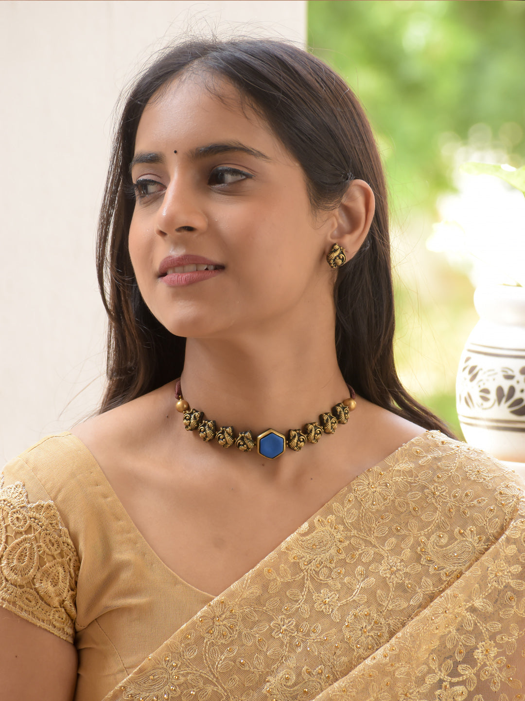 Royal Blue Hexagon Antique Gold Choker Necklace Set