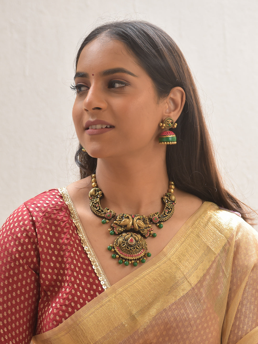 Regal Peacock Temple Terracotta Necklace Set With Jhumkas