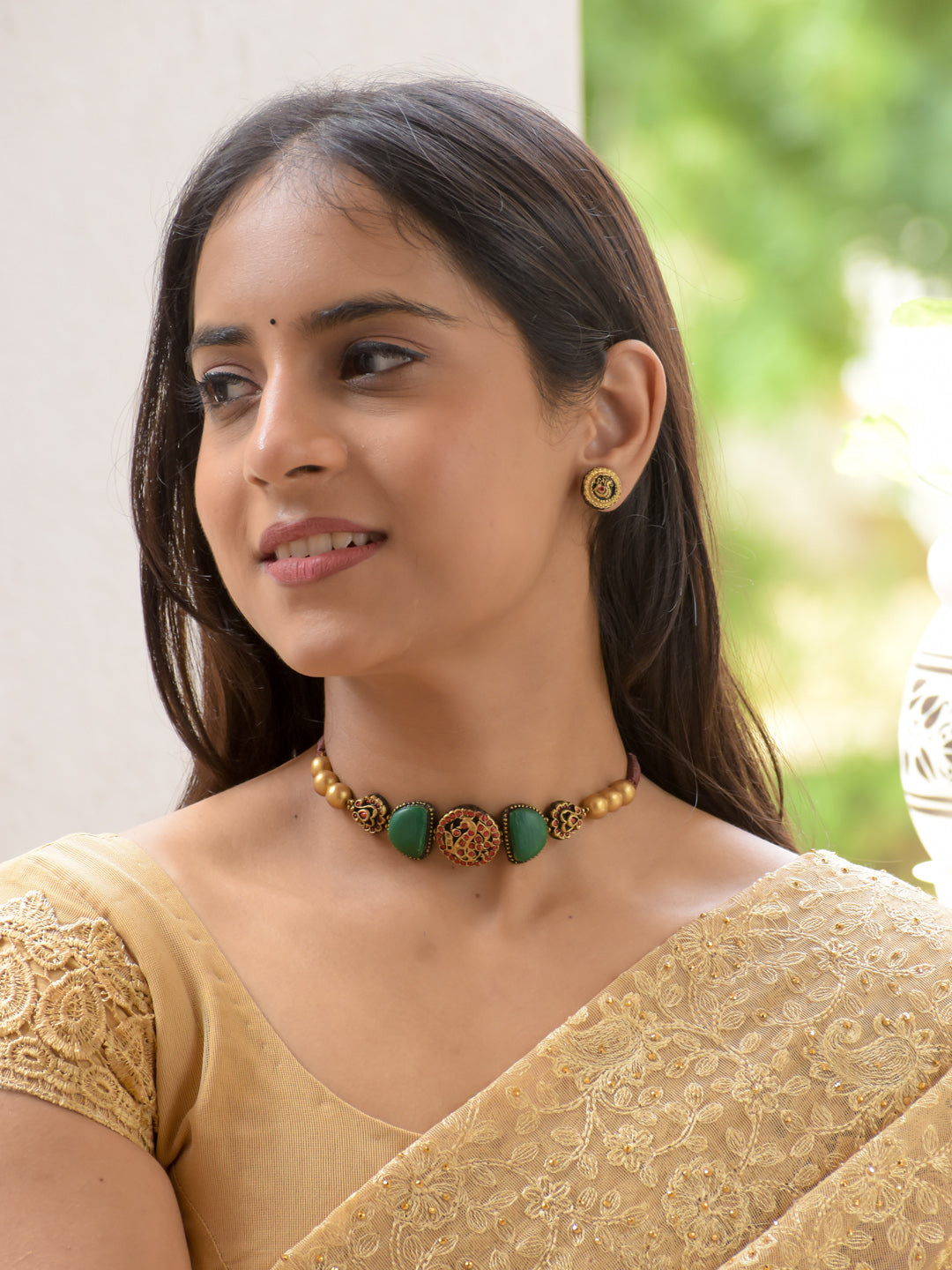 Emerald & Ruby Floral Antique Gold Choker Necklace Set