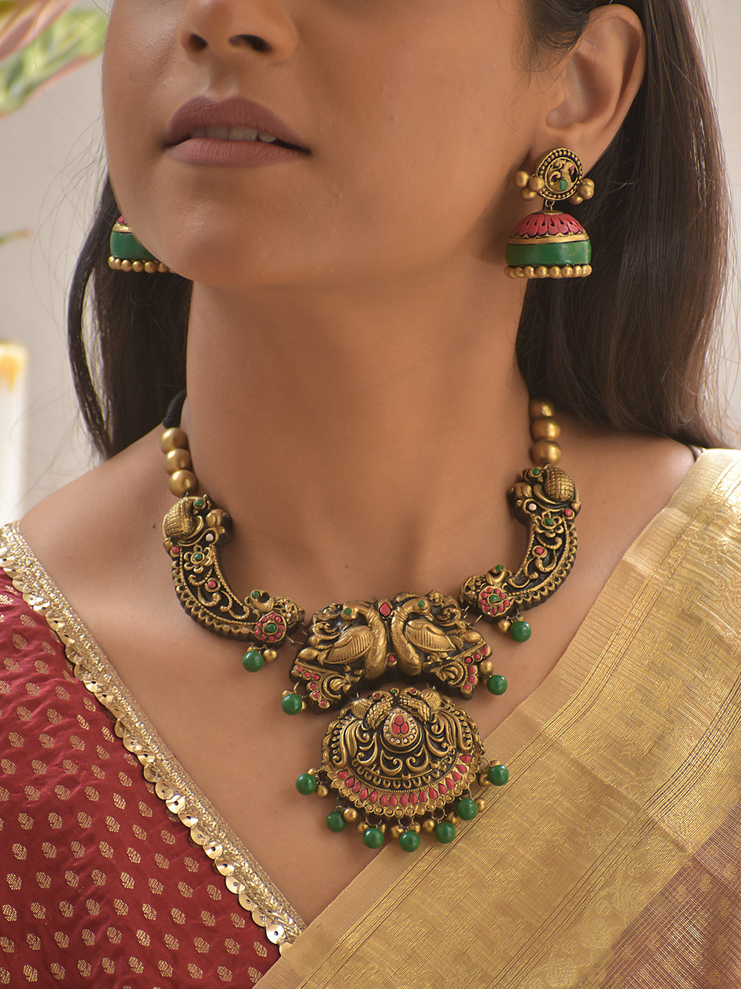 Regal Peacock Temple Terracotta Necklace Set With Jhumkas