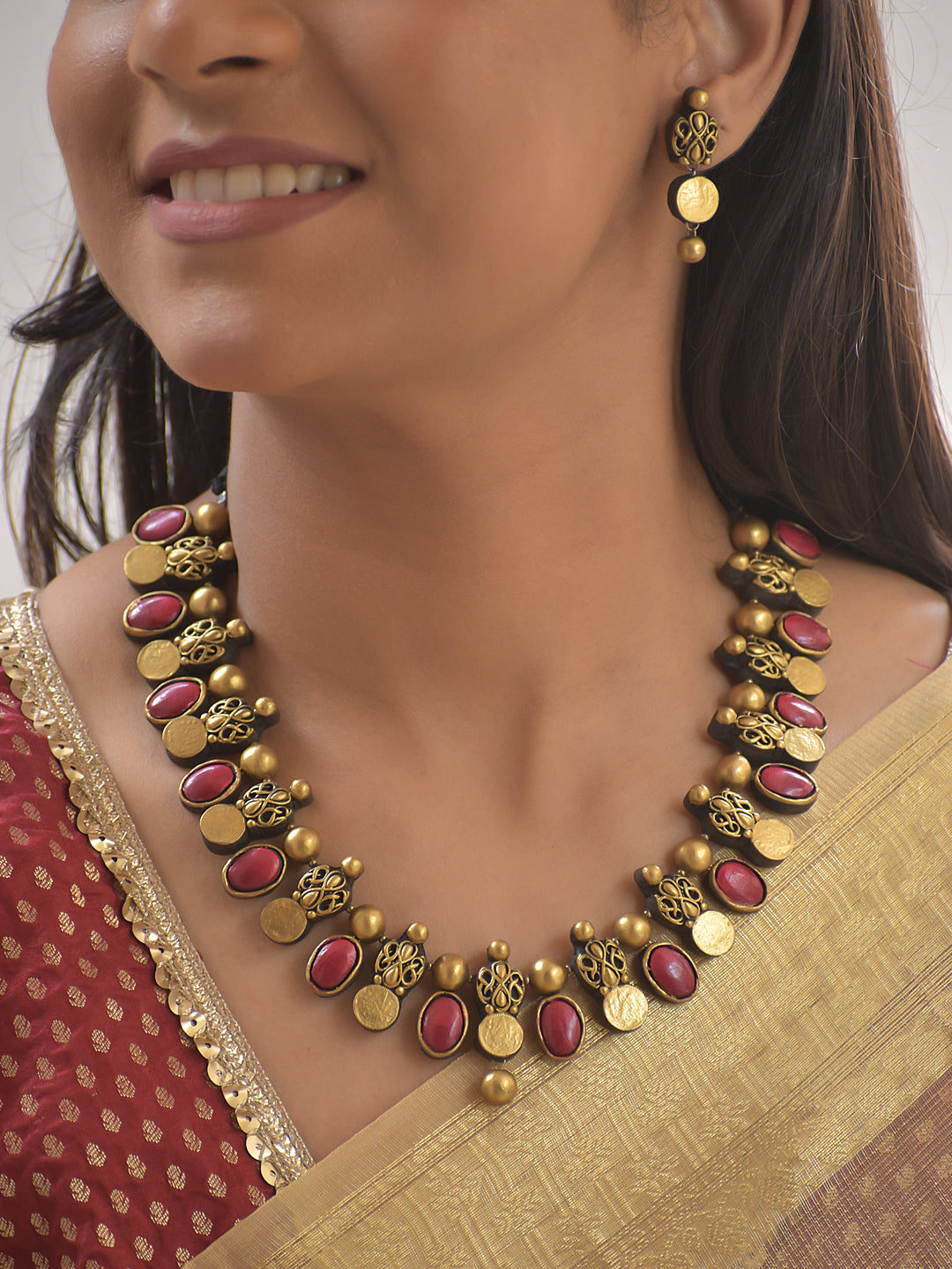 Terracotta Ruby–Coin Fusion Necklace Set With Earrings