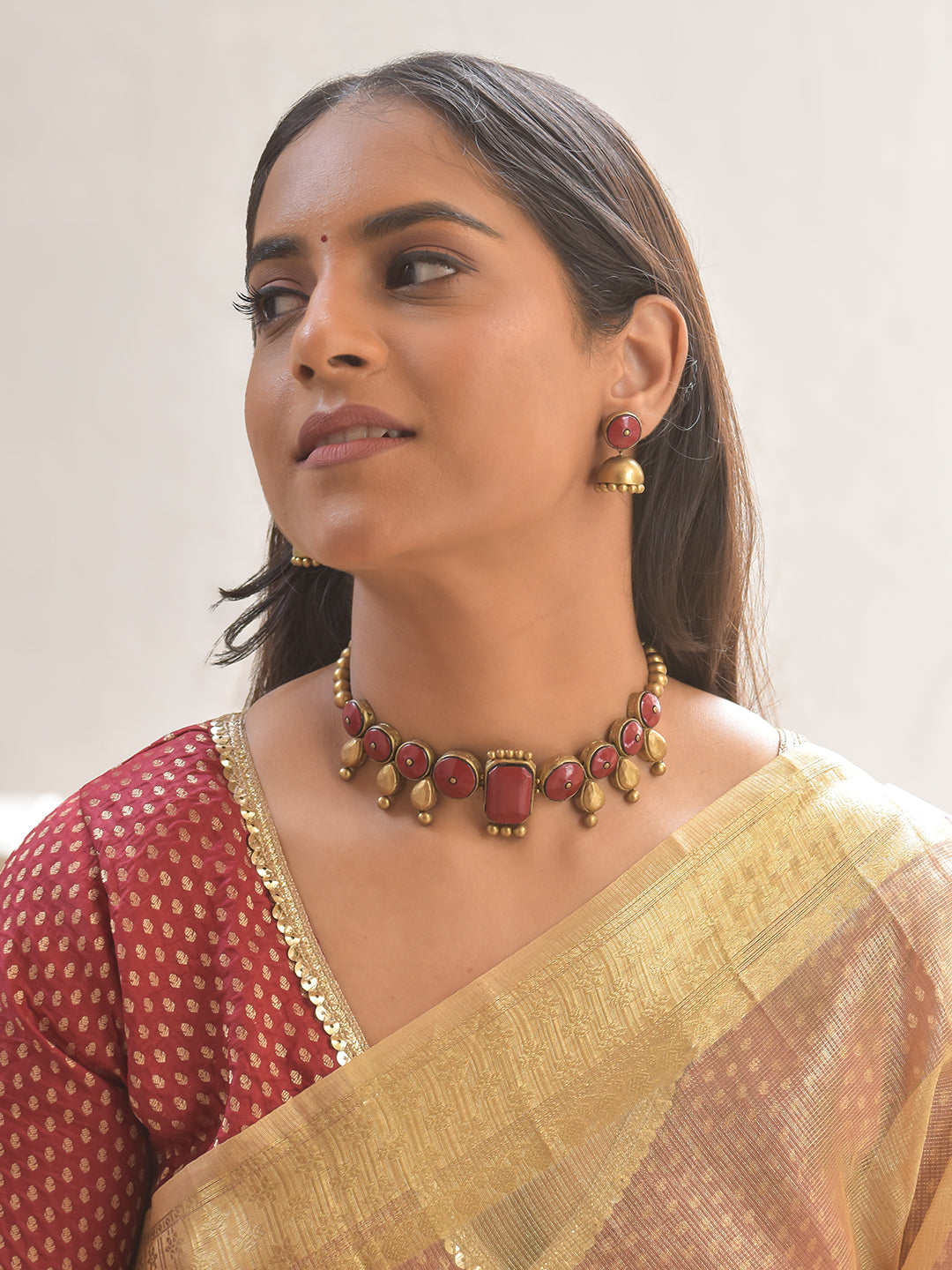 Terracotta Red Stone Design Choker Necklace Set With Jhumkas