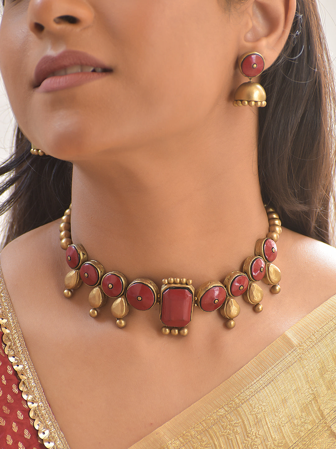 Terracotta Red Stone Design Choker Necklace Set With Jhumkas