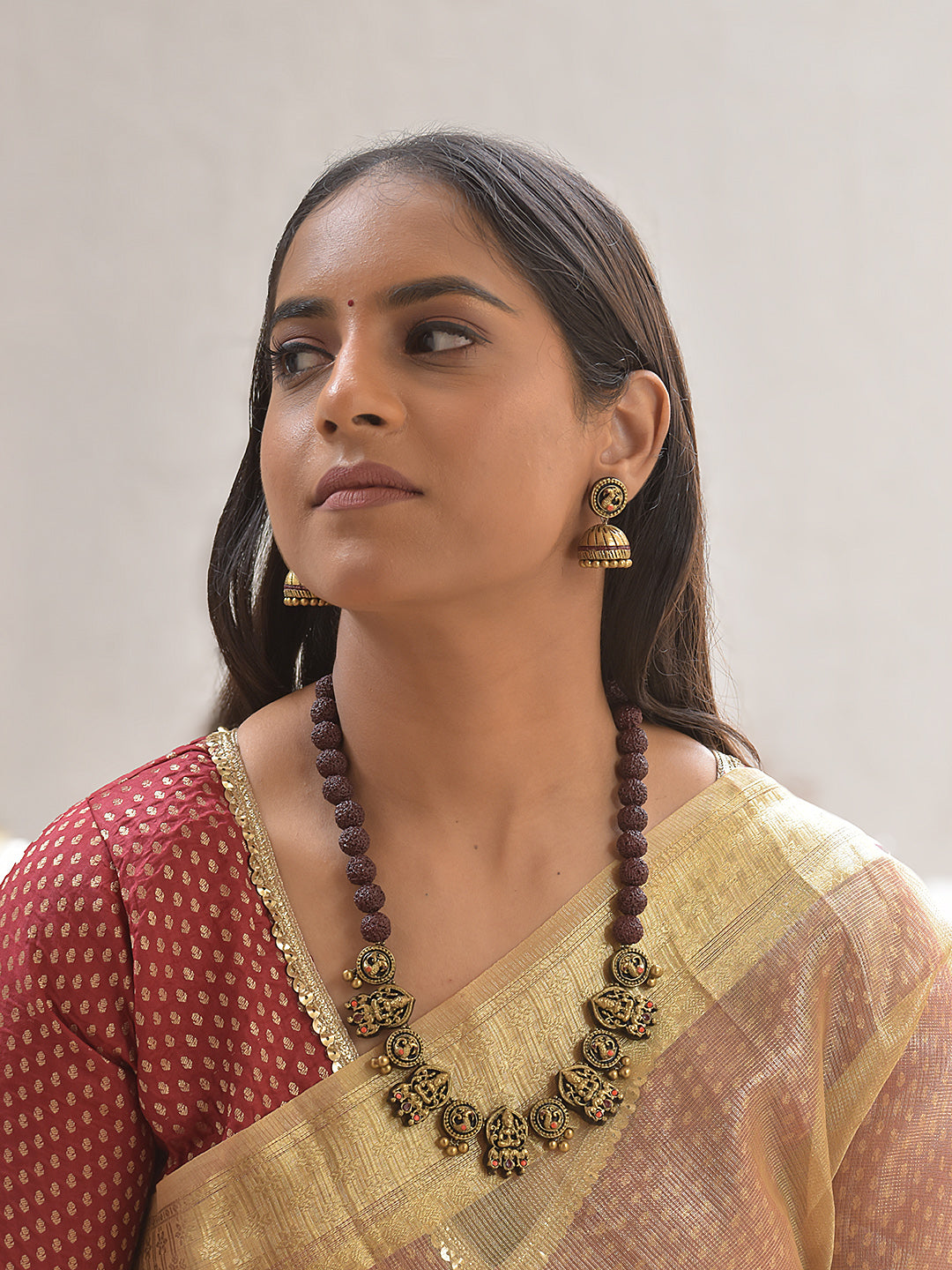 Divine Rudraksha Lakshmi Terracotta Necklace Set With Jhumkas