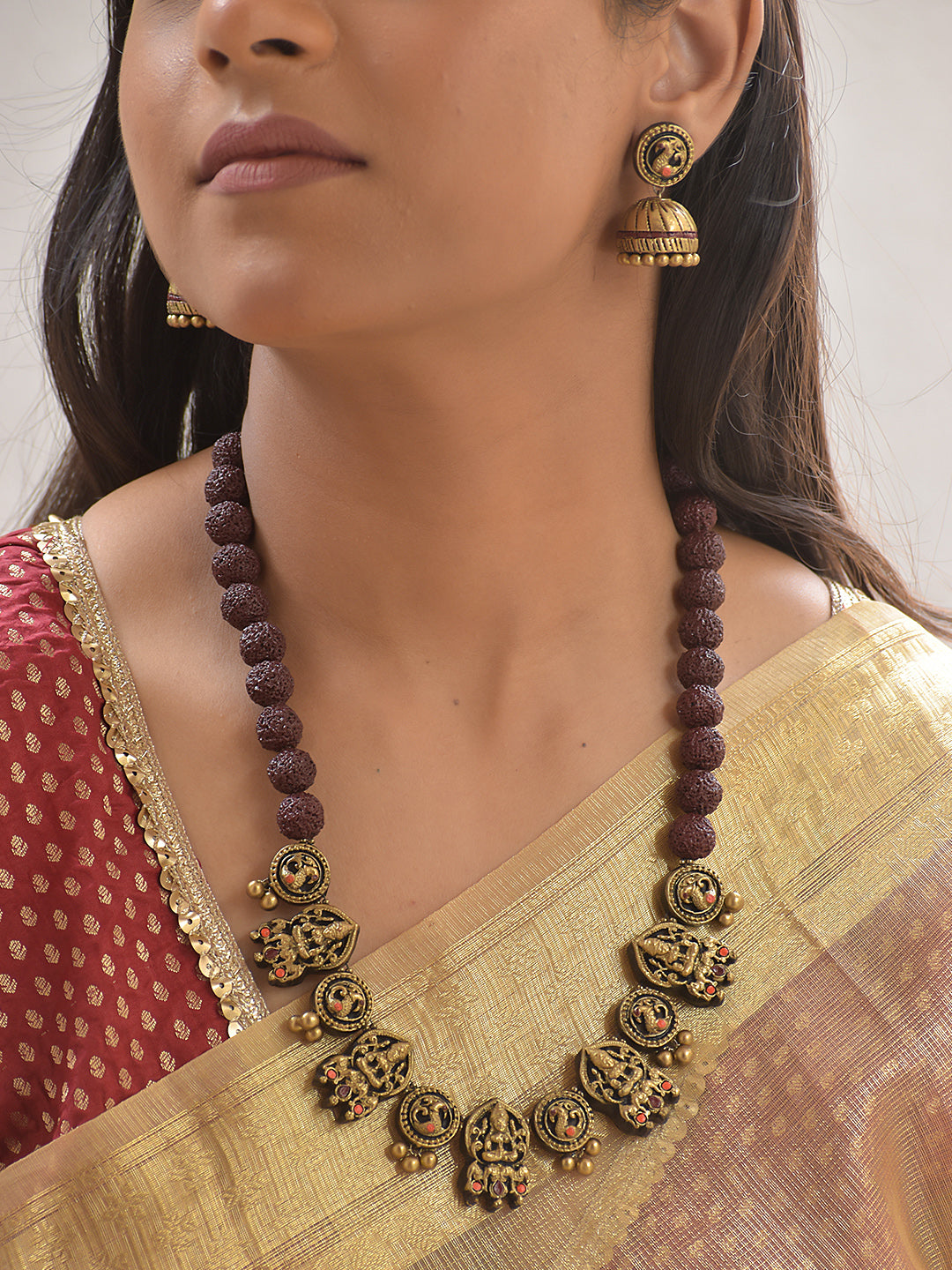 Divine Rudraksha Lakshmi Terracotta Necklace Set With Jhumkas