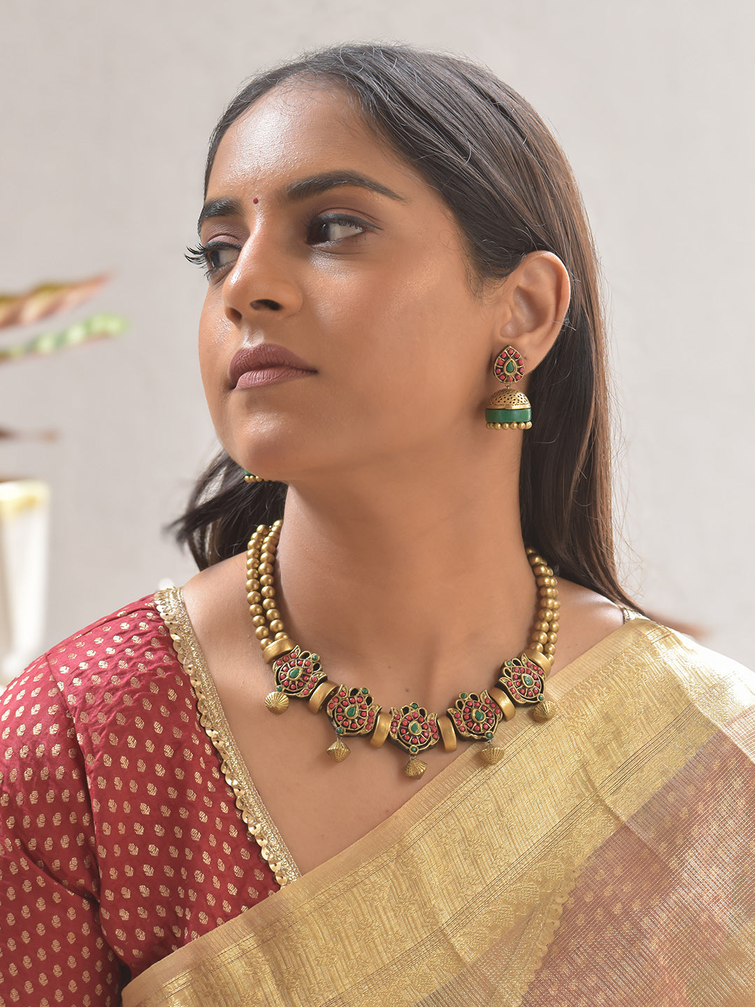 Padmaraga – Terracotta Lotus Motif Necklace Set With Jhumkas