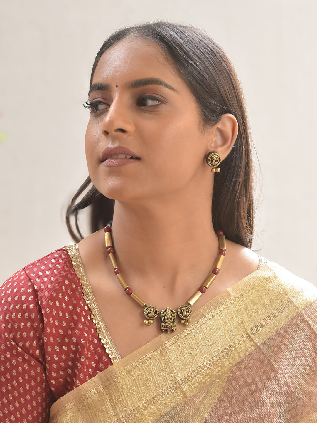 Terracotta Lakshmi Charm Necklace Set With Studs