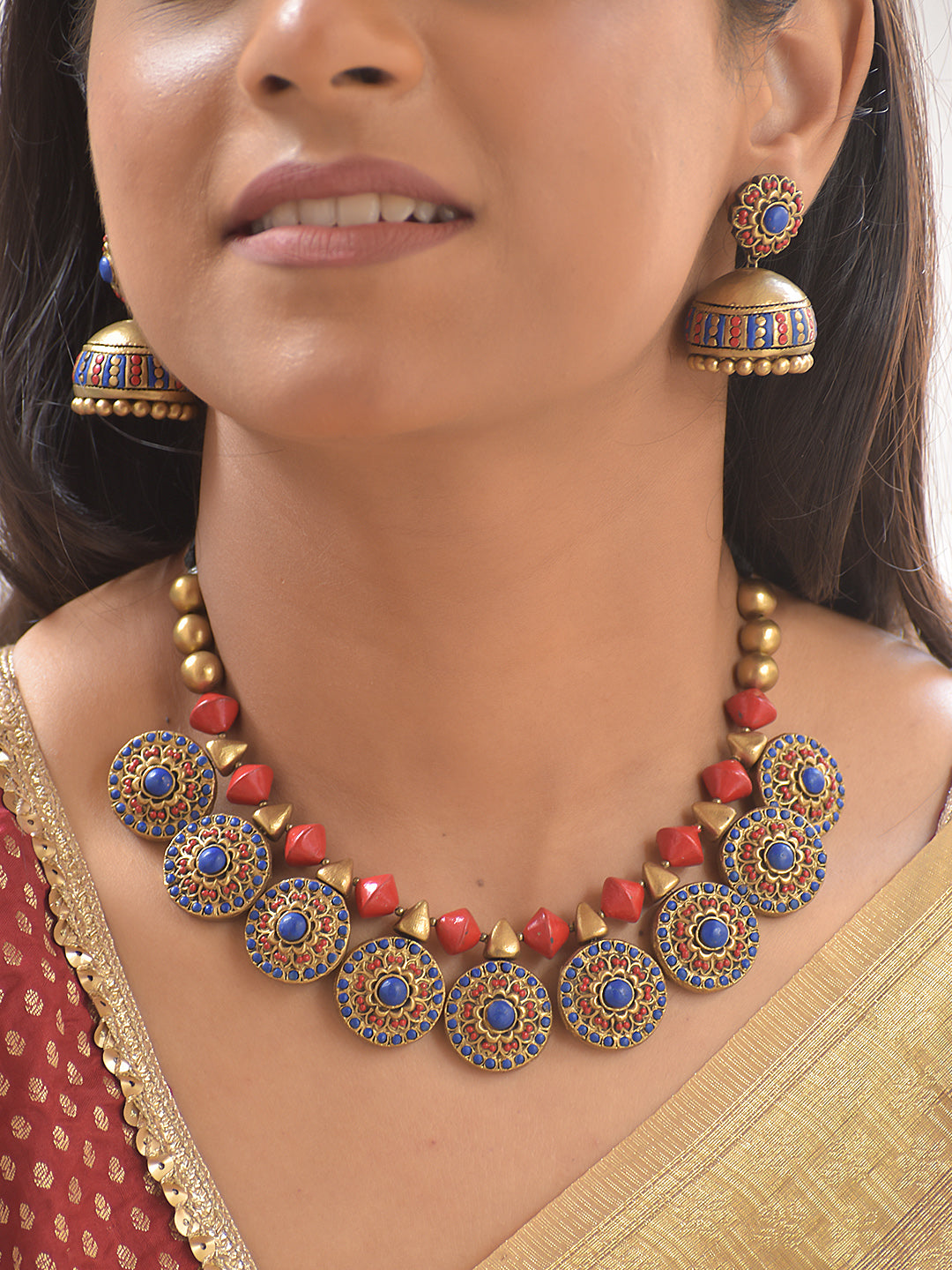 Terracotta Blue–Crimson Lotus Medallion Necklace Set With Jhumkas