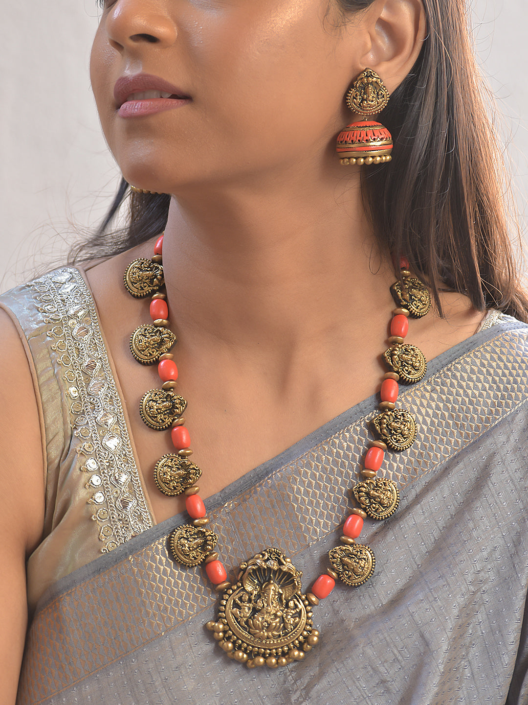 Ganesha – Terracotta Lakshmi Coin Necklace with Coral Beads Design With Jhumkas