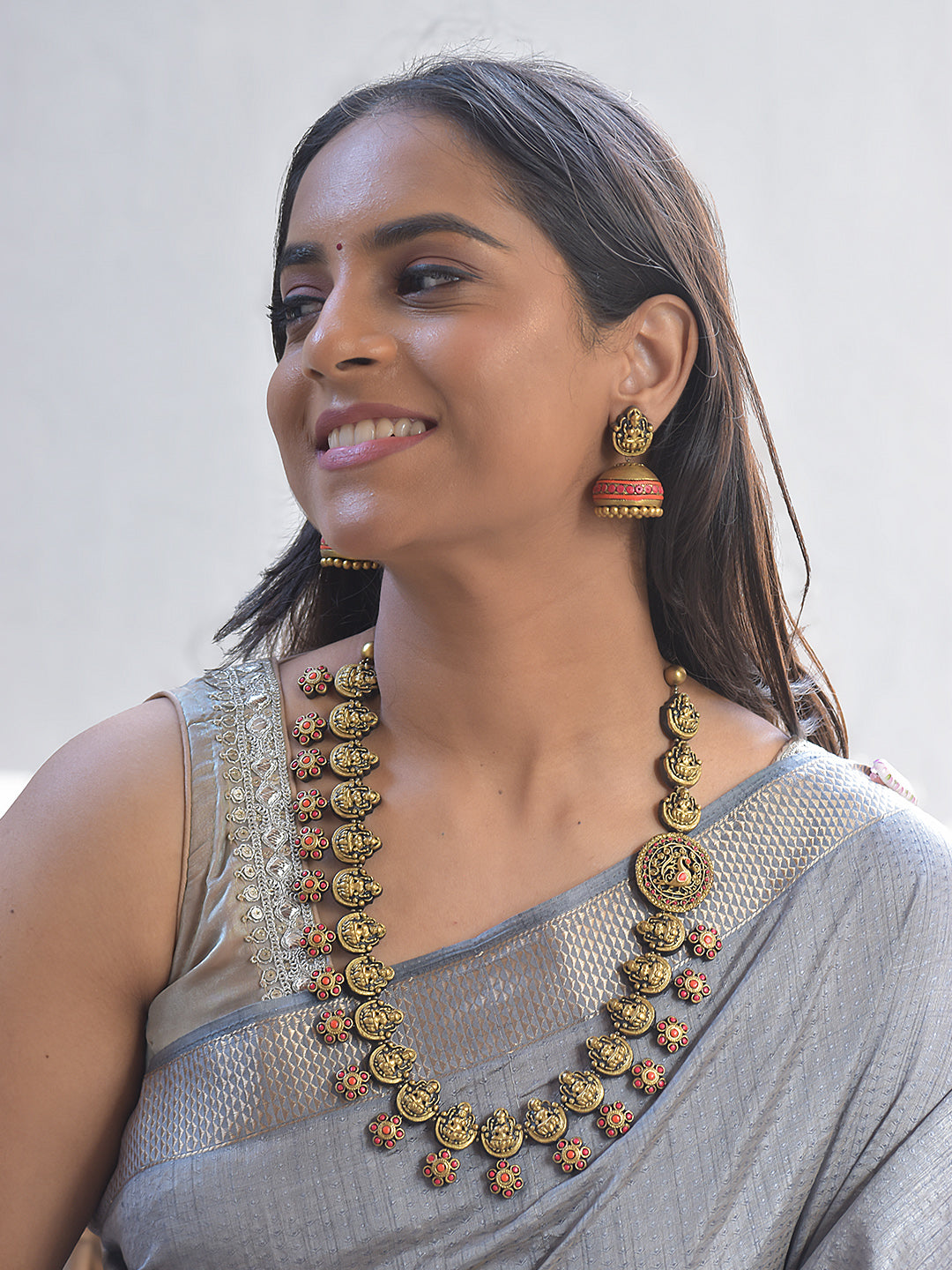Terracotta Lakshmi Blossom Long Necklace Set with Antique Red-Gold Floral Accents