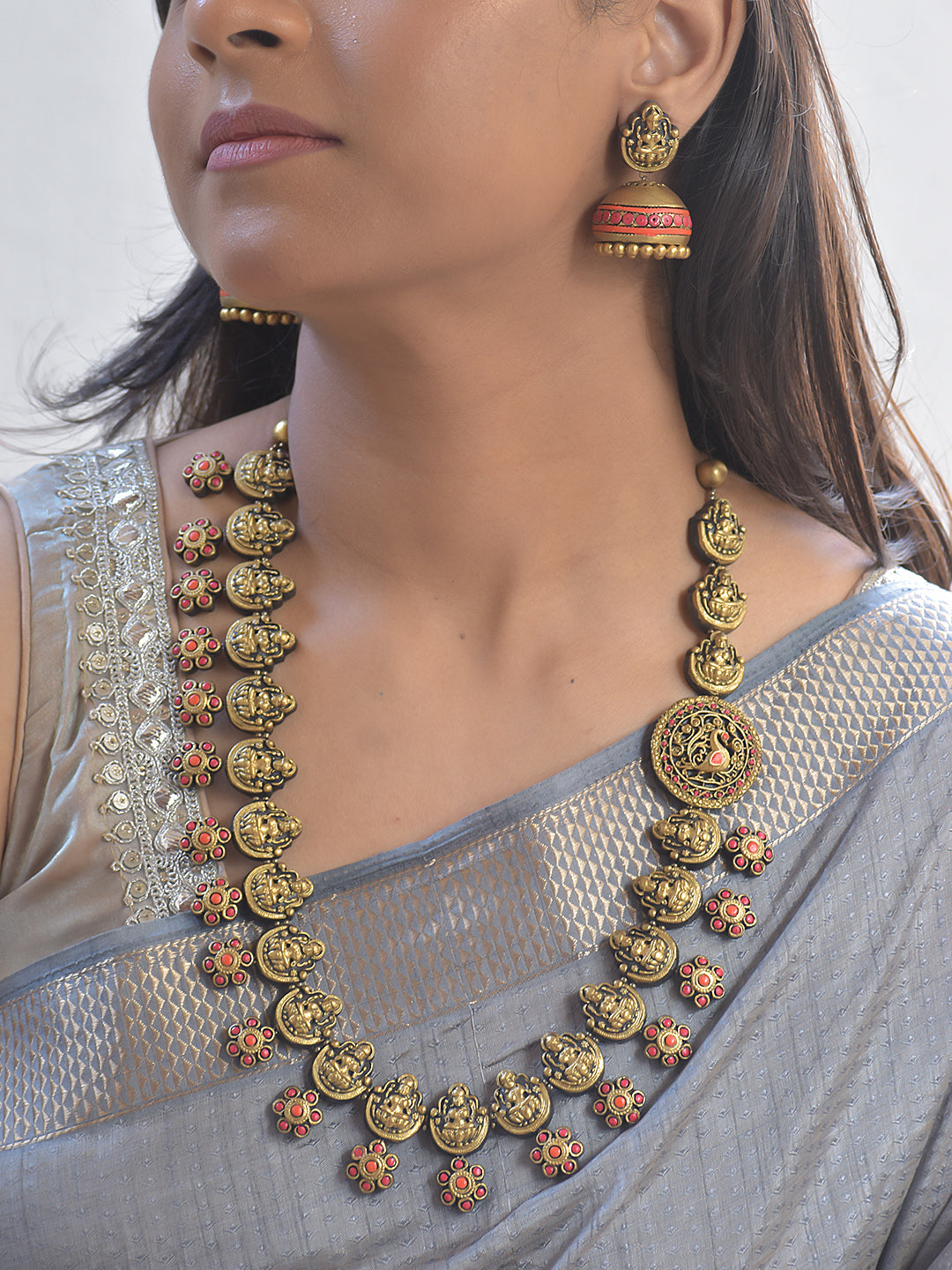 Terracotta Lakshmi Blossom Long Necklace Set with Antique Red-Gold Floral Accents