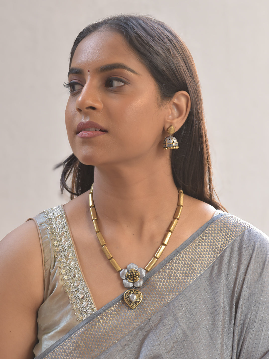 Silver Blossom Charm Terracotta Necklace Set With Jhumkas