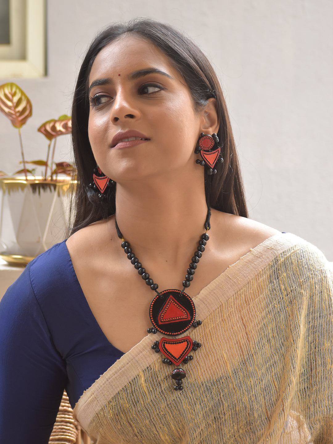 Terracotta Red & Black Geometric Pendant Necklace Set With Jhumkas