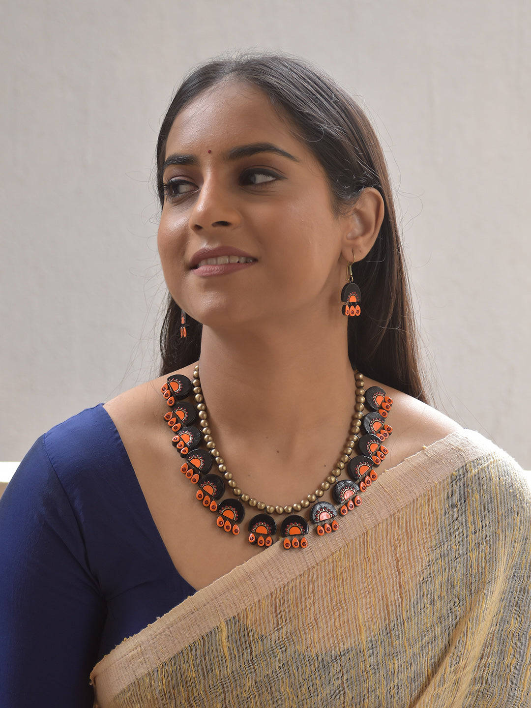 Terracotta Black & Orange tribal Motif Necklace Set With Hanging Studs