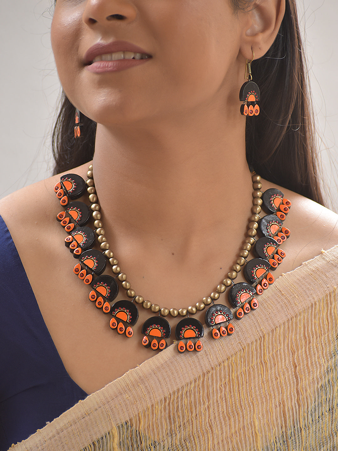 Terracotta Black & Orange tribal Motif Necklace Set With Hanging Studs
