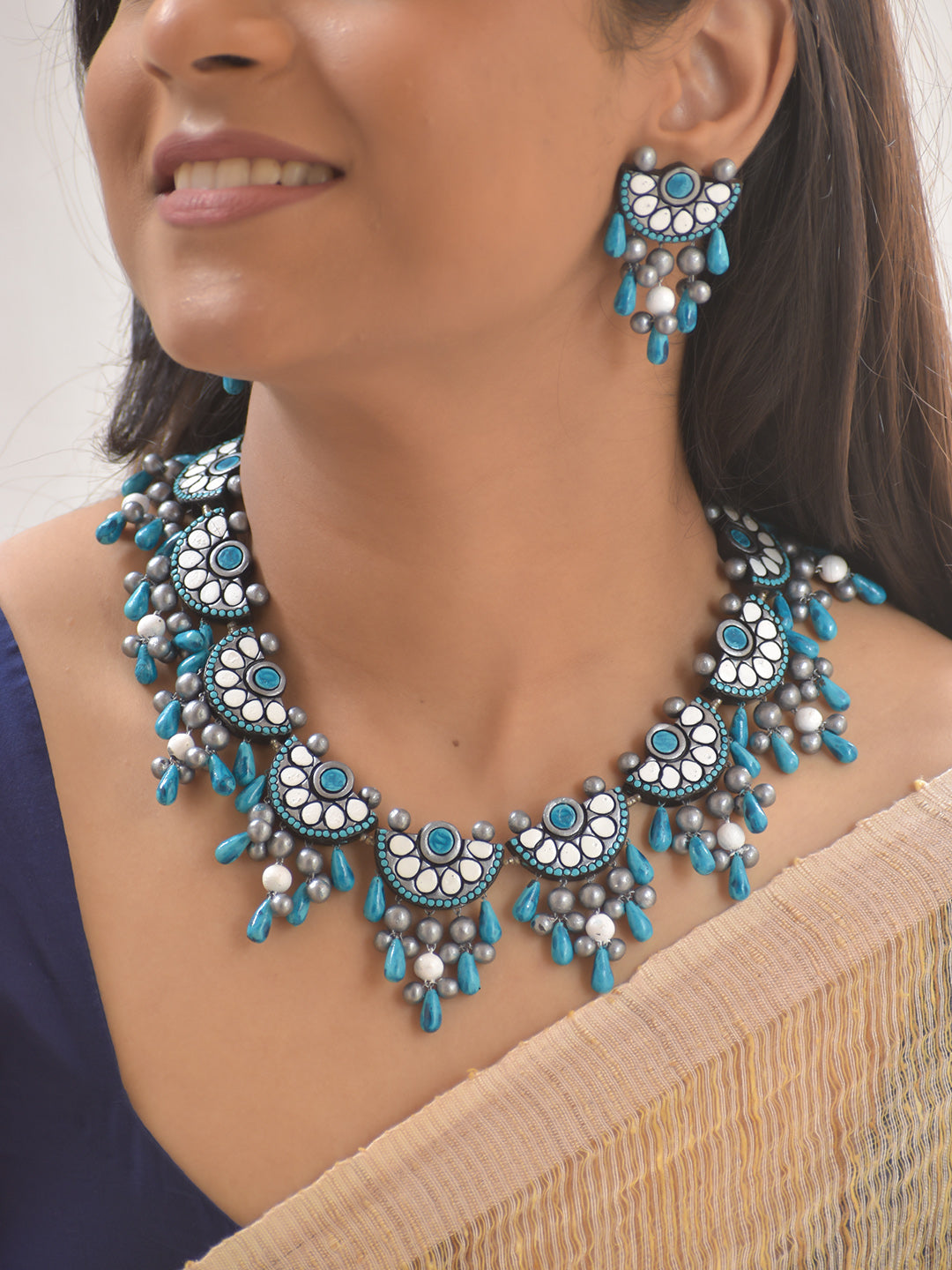 Terracotta Crescent Mirror Design Necklace with Blue and White Teardrop Beads With Earrings