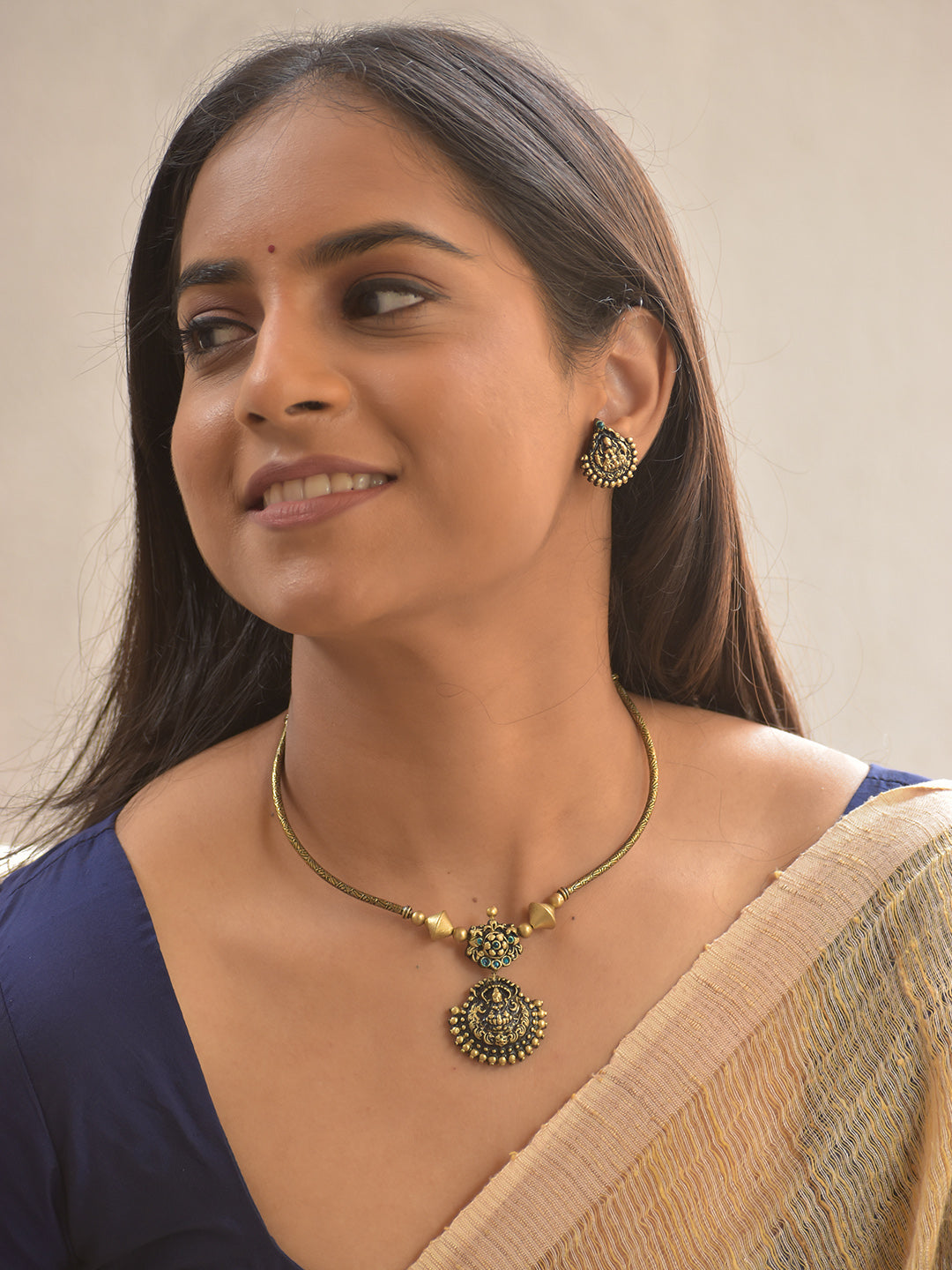Terracotta Antique Lakshmi Charm Necklace Set With Studs