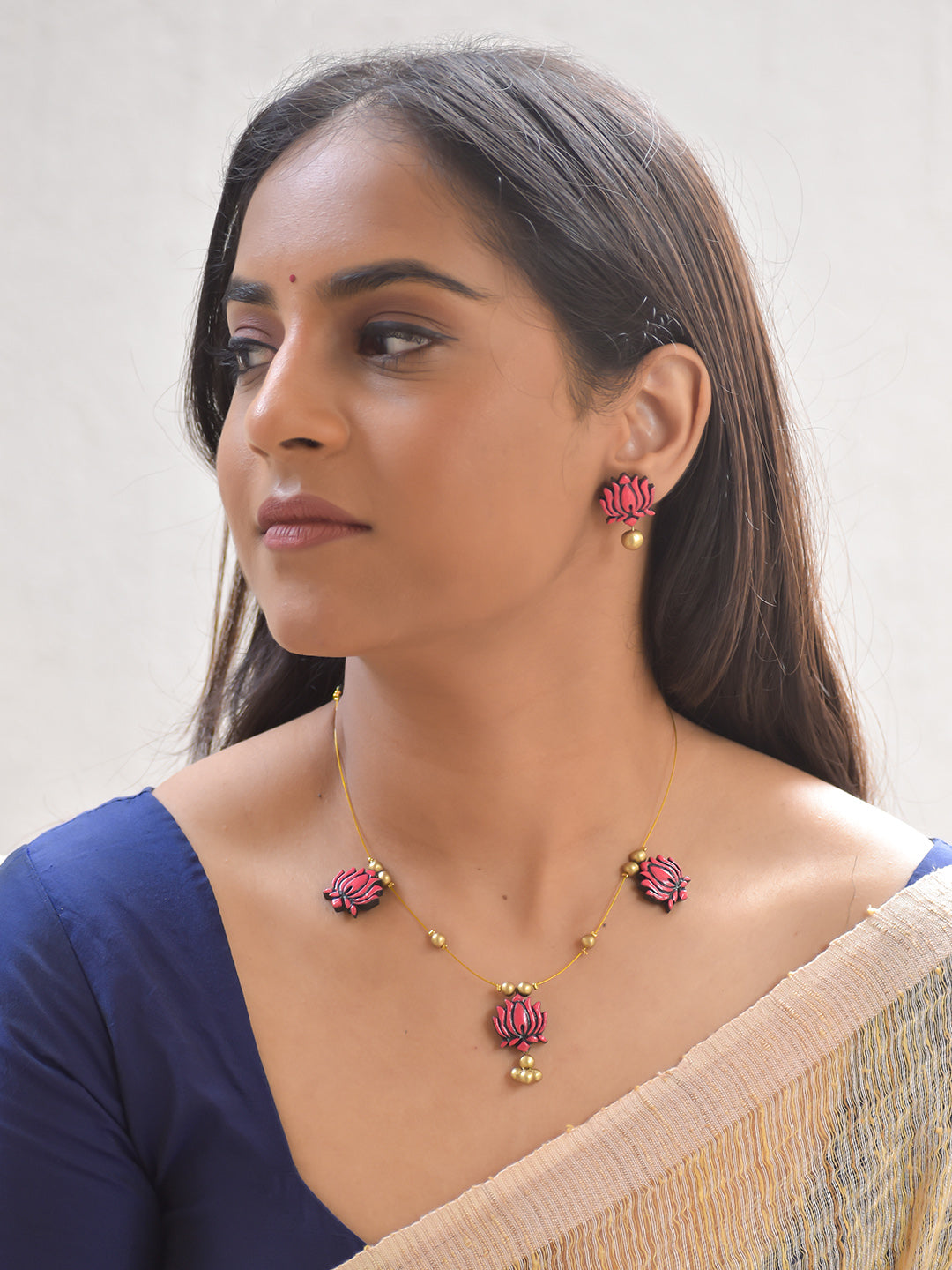 Terracotta Pink Lotus Charm Necklace Set With Studs