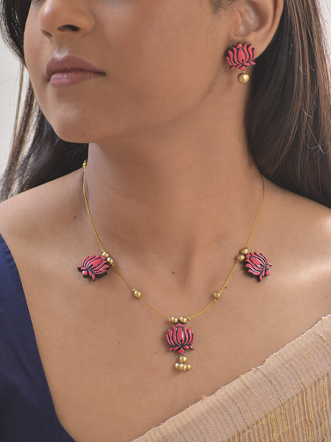 Terracotta Pink Lotus Charm Necklace Set With Studs