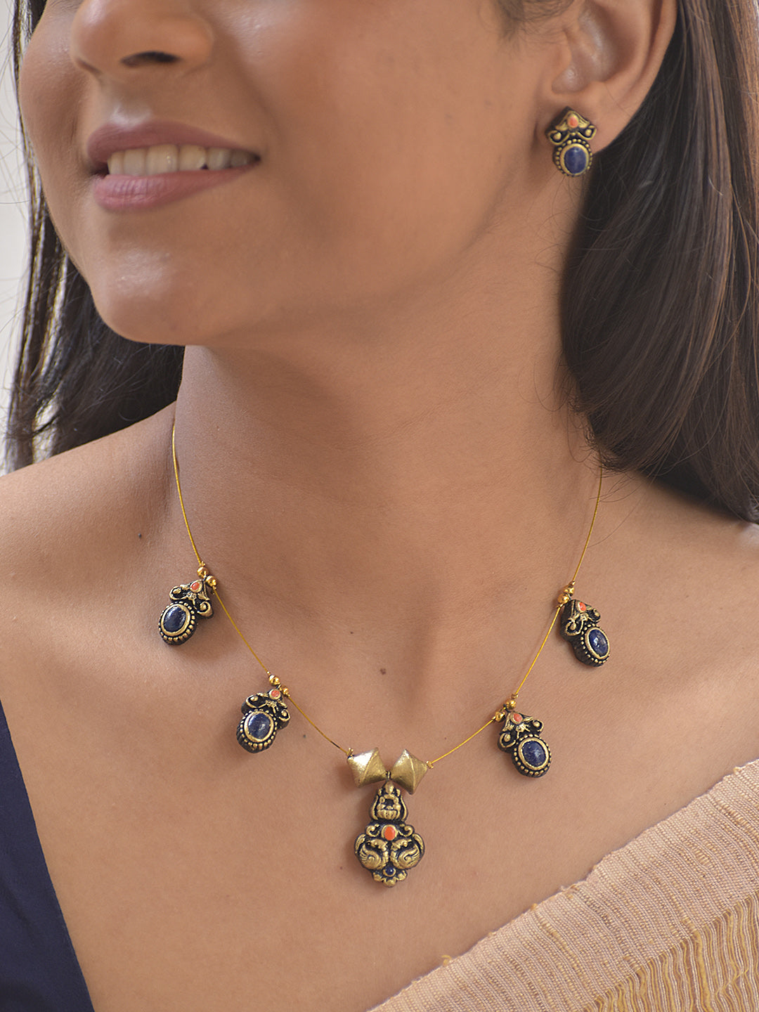 Terracotta Blue Regal Drop Necklace Set With Studs