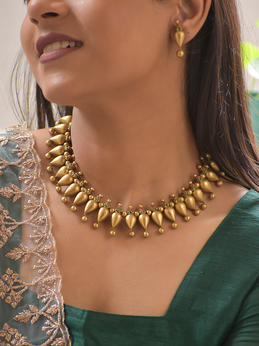 Terracotta Antique Gold Teardrop Necklace Set with Red & Green Stone Accents