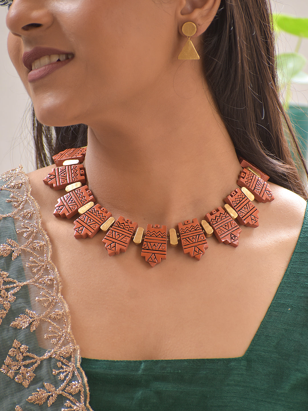 Terracotta Tribal Etched Necklace with Geometric Beads