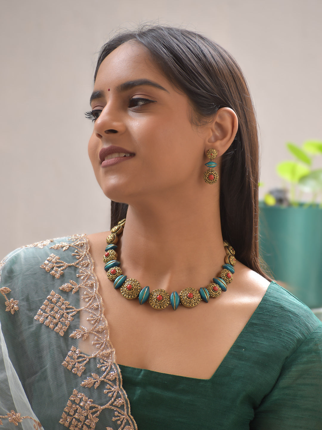 Terracotta Floral Disc Necklace with Turquoise Beads