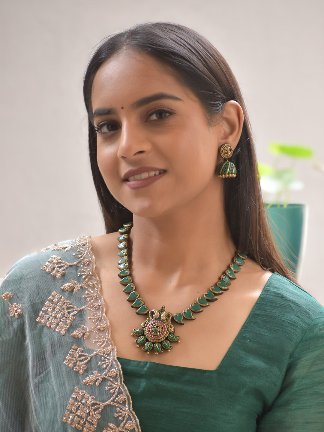 Terracotta Antique Gold Leaf Motif Necklace Set with Peacock Pendant