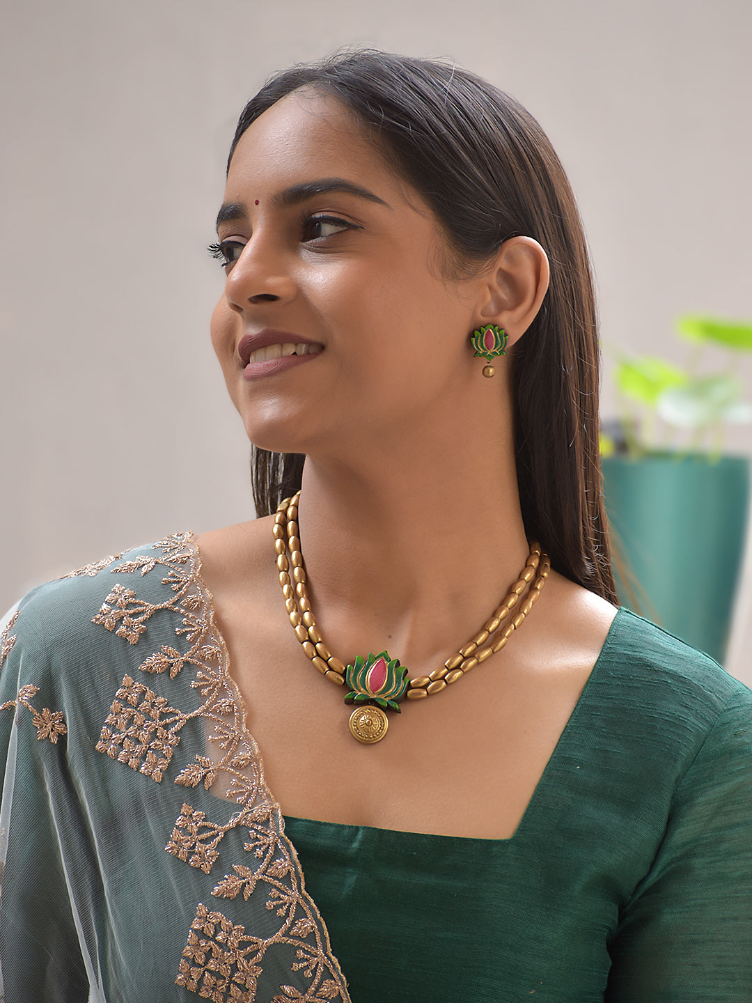 Terracotta Antique Gold Beaded Necklace Set with Lotus Motif Pendant