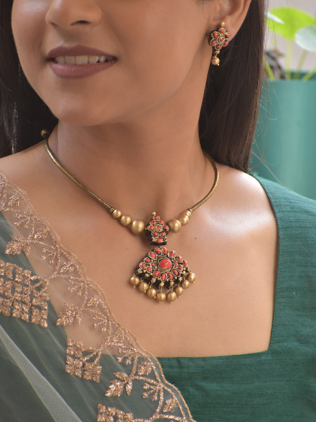 Terracotta Antique Gold Necklace Set with Red Stone Design Pendant & Pearl Drops