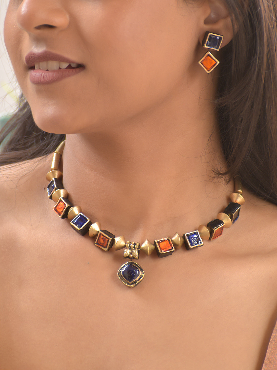 Terracotta Antique Gold Necklace Set with Blue & Amber Square Stones