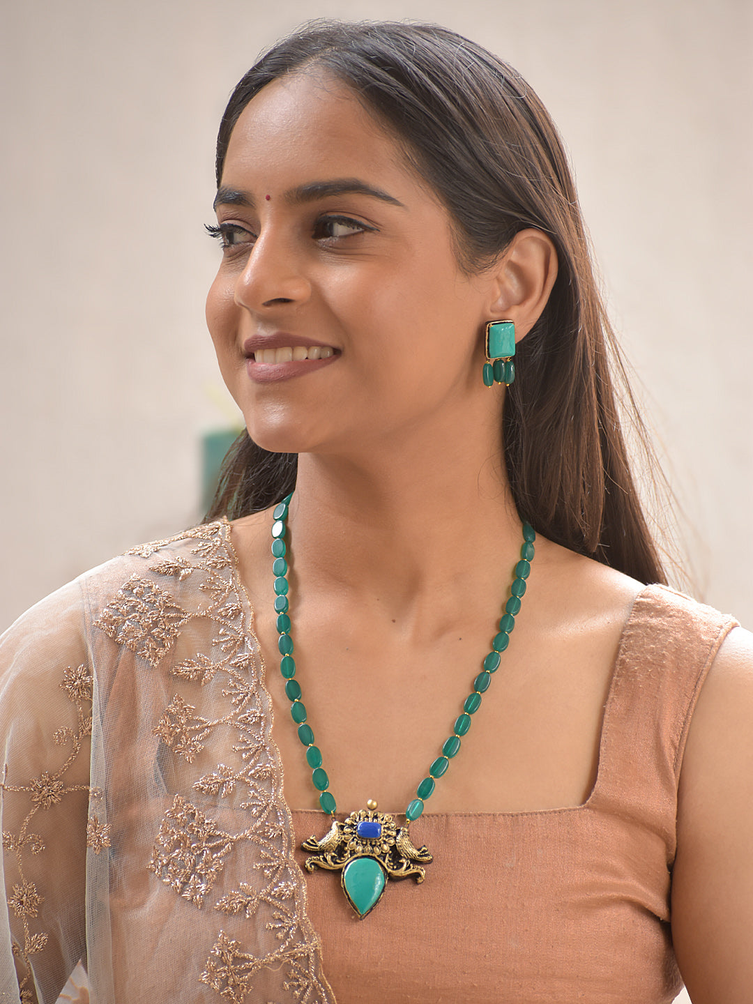 Terracotta Antique Gold Long Necklace Set with Green Beads & Dual Stone Pendant